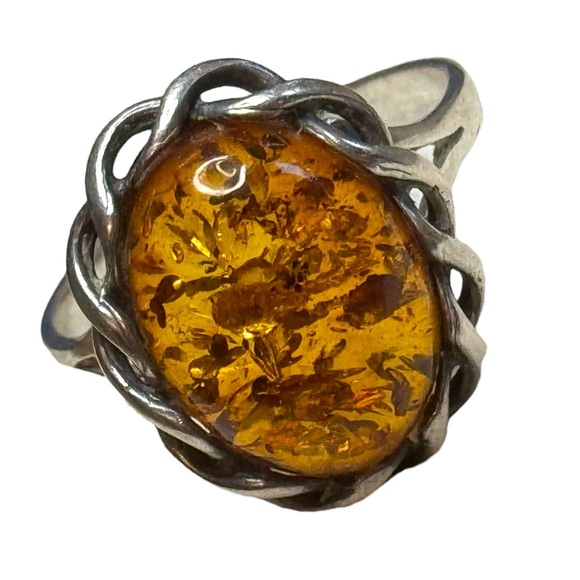 Vintage Jewelry - Vintage sterling silver 925 USSR Imported Fossil AMBER handmade ring